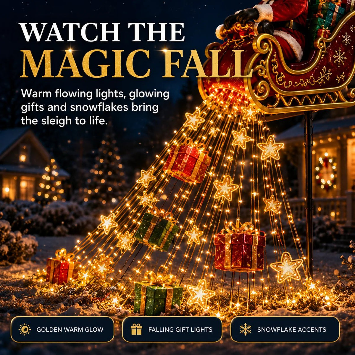 Santa sleigh garden light day and night comparison