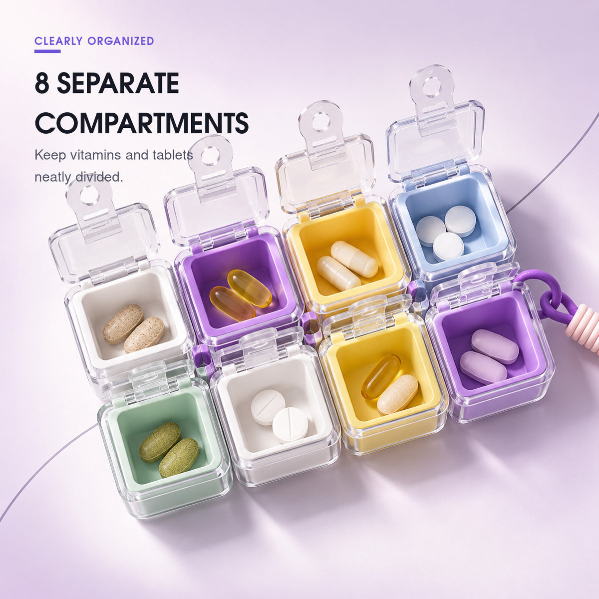 Eight separate compartments unfolded from the compact rotating cube pill organizer