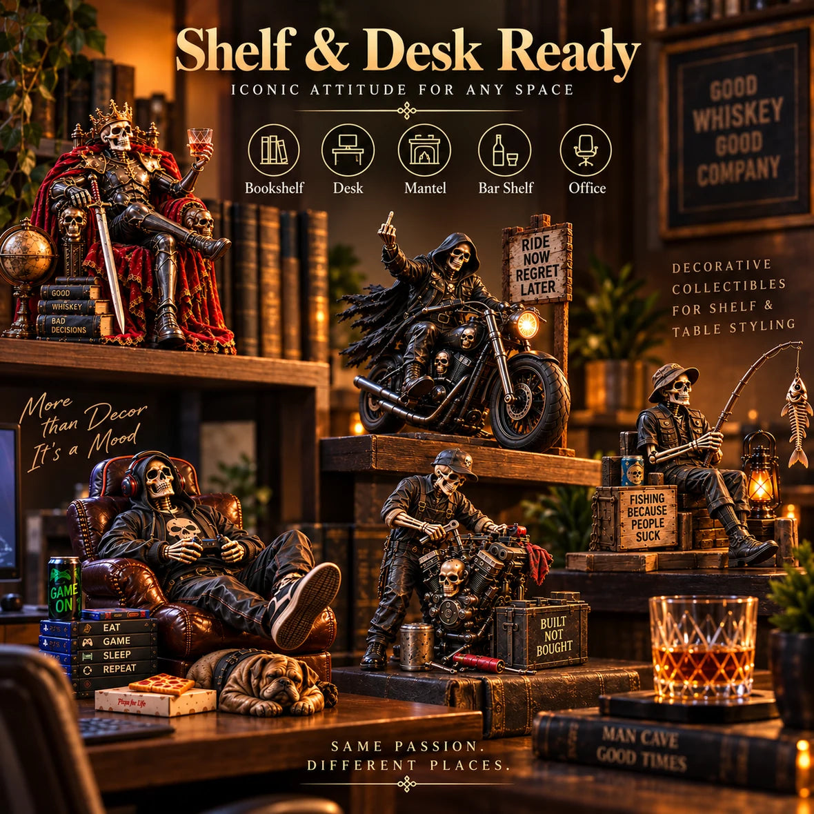 Skeleton collectibles styled on shelves and desks