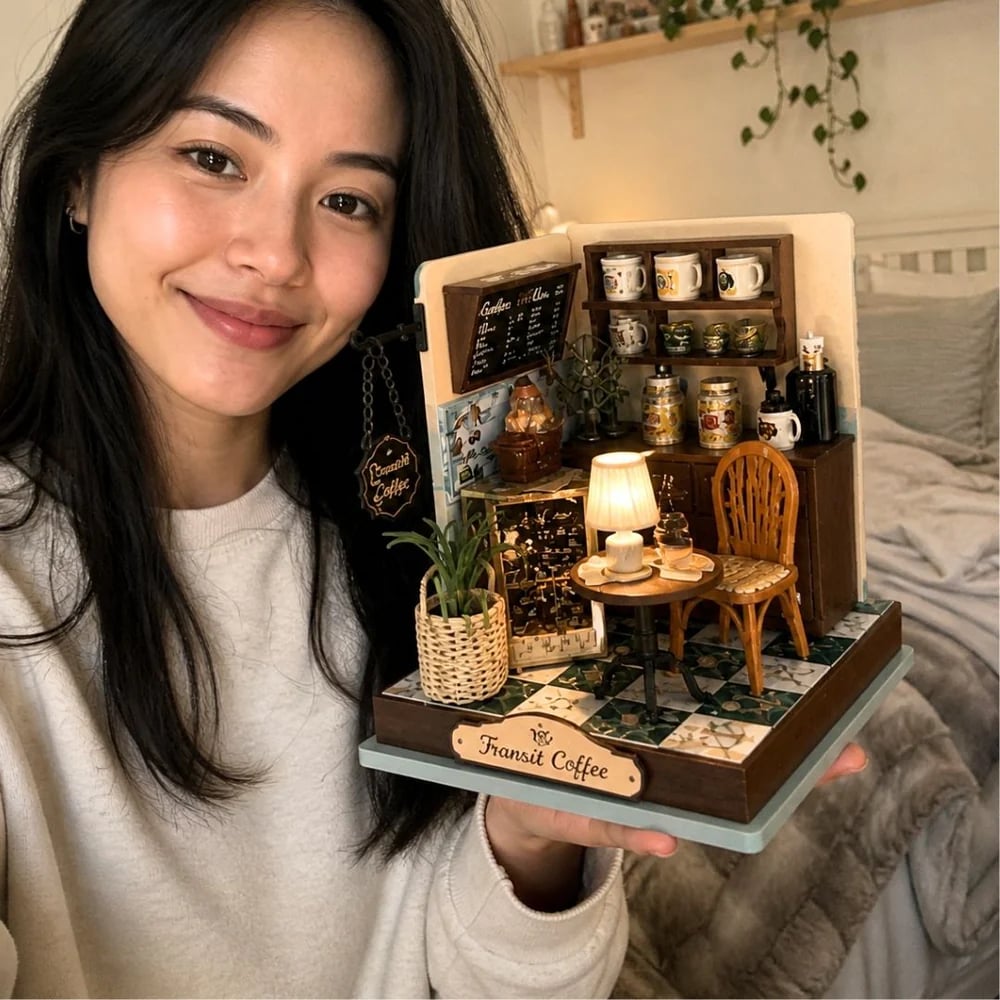 ☕✨ Cozy DIY Miniature Coffee Shop Kit – 95+ Pieces with Warm LED Light