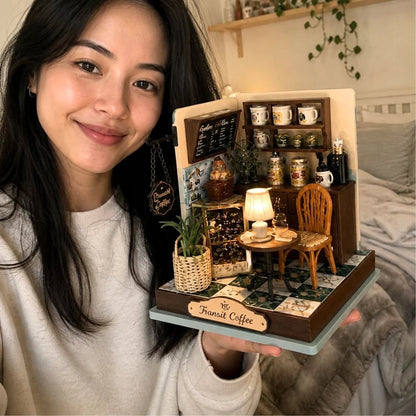 ☕✨ Cozy DIY Miniature Coffee Shop Kit – 95+ Pieces with Warm LED Light