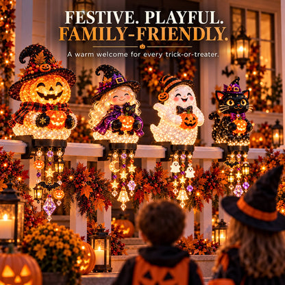 🎃 Halloween-Kaskadenlichter für Veranda & Geländer – Kürbis, Hexe, Geist & schwarze Katze
