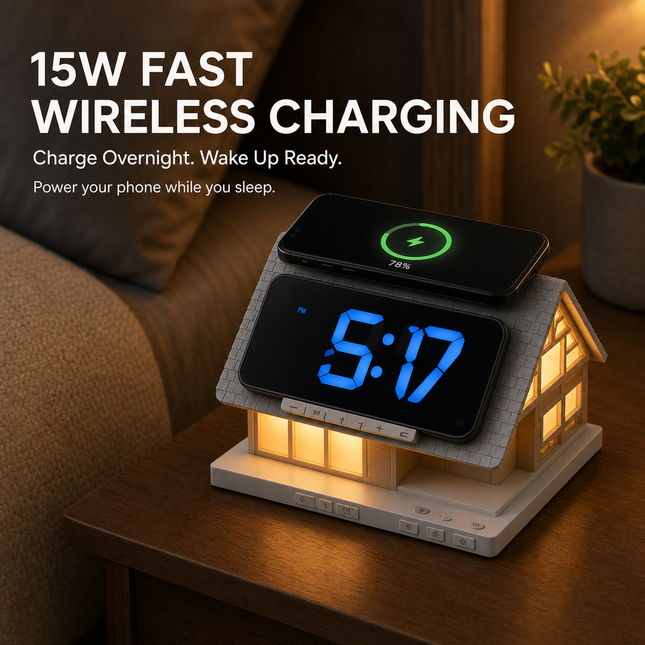 15W wireless charging bedside clock