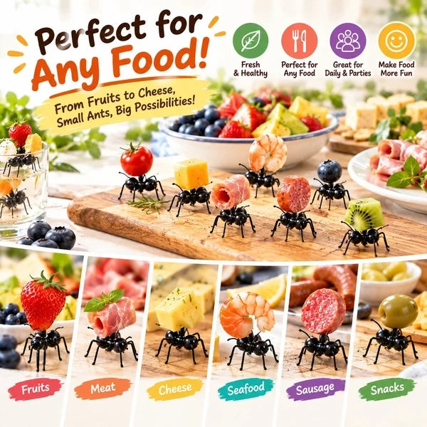 Ant-shaped food picks holding fruit cheese seafood and snacks