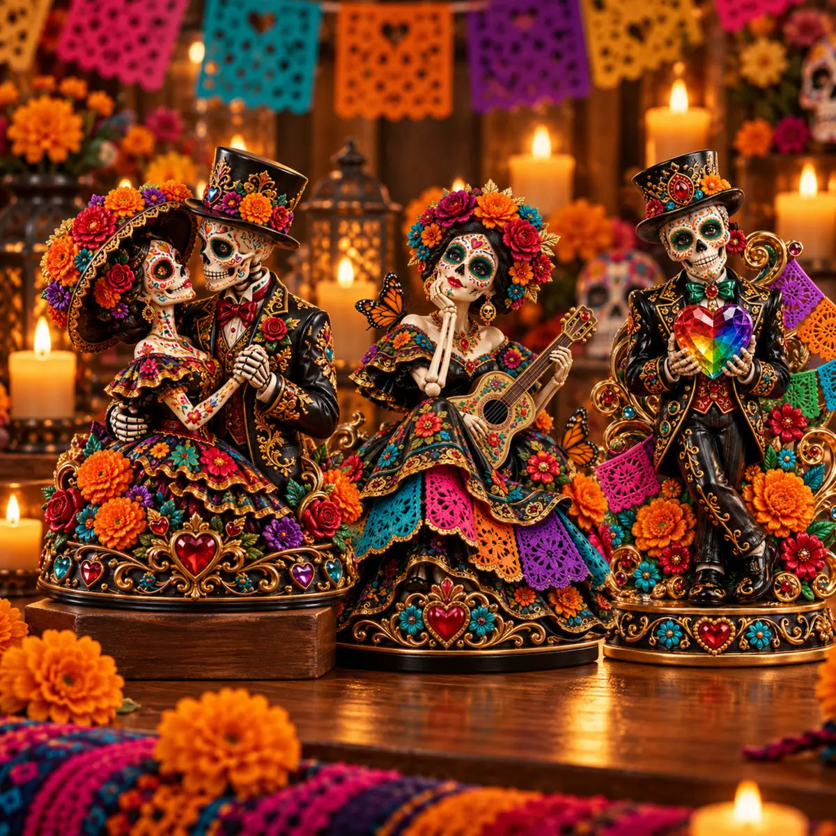 Three colorful folk art figurines in a festive candlelit display