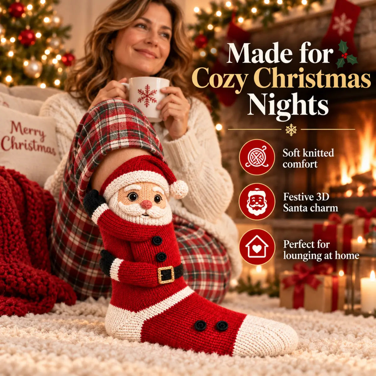 Detailed Santa sock showing textured knit finish and festive red cream styling