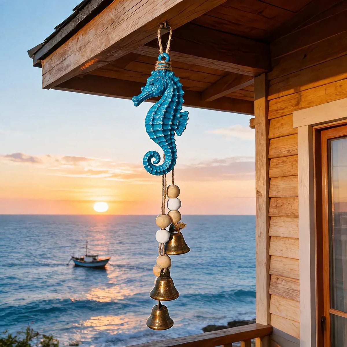 Blue seahorse coastal wind chime overlooking the ocean