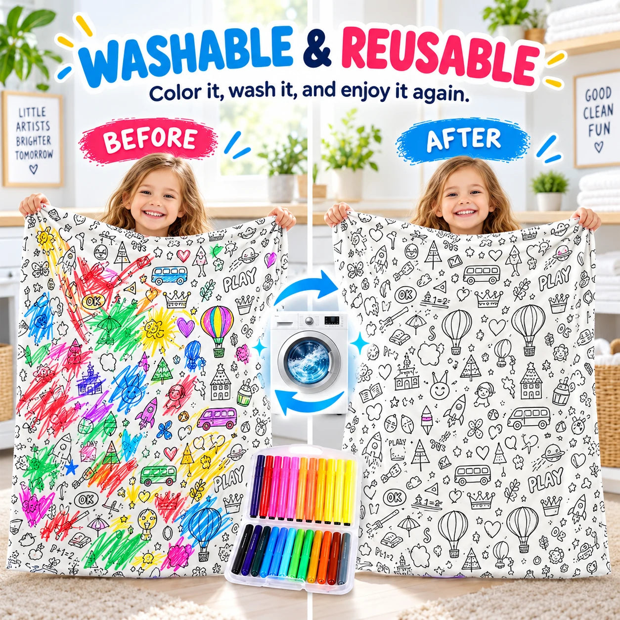 Before and after washing a reusable coloring blanket