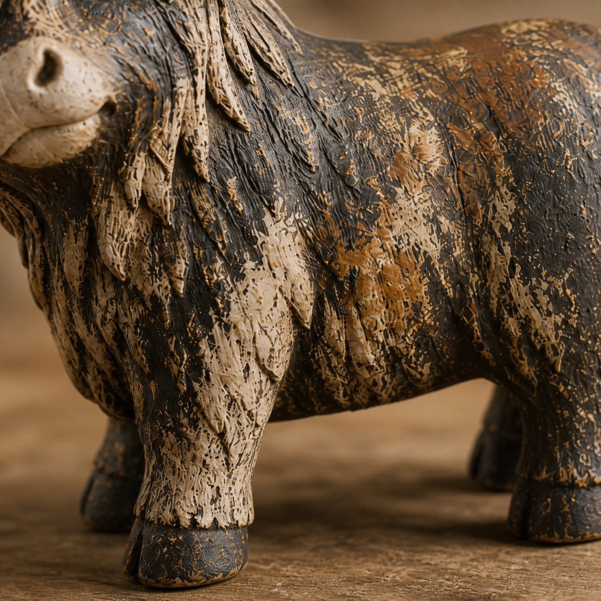 Distressed textured finish on Highland cow figurine
