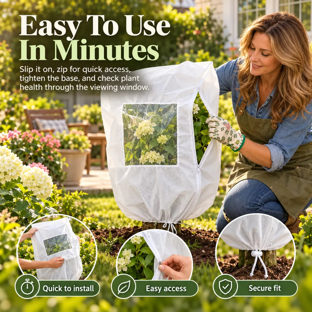 Gardener installing zippered plant frost cover