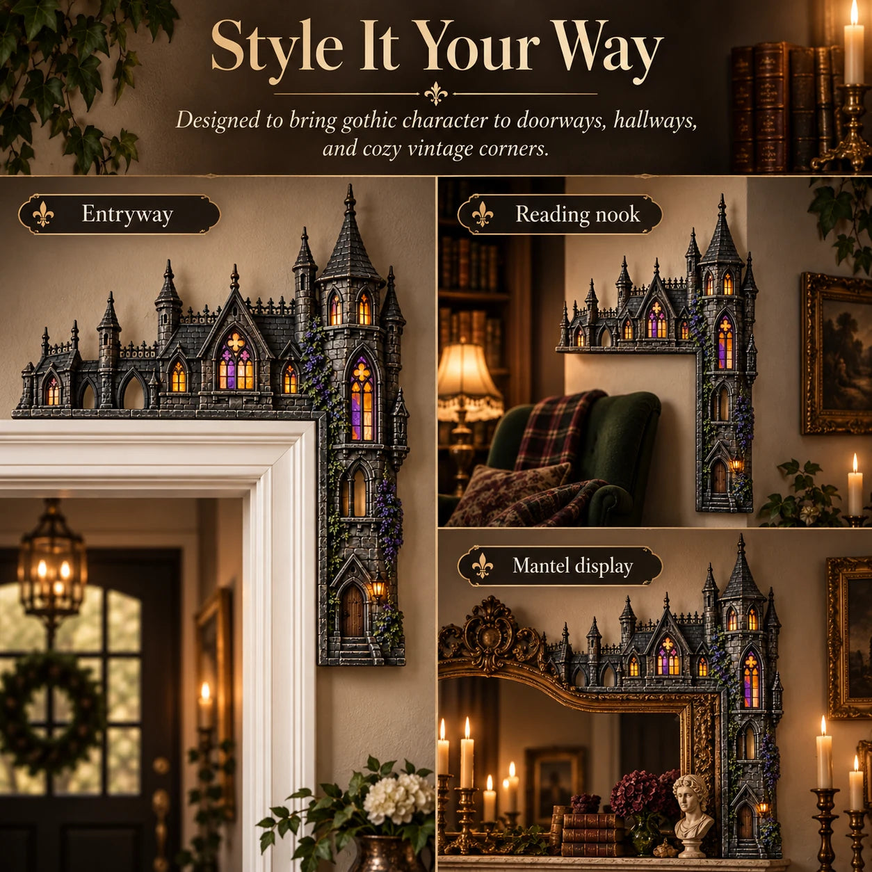 Gothic castle accent styled in multiple home spaces