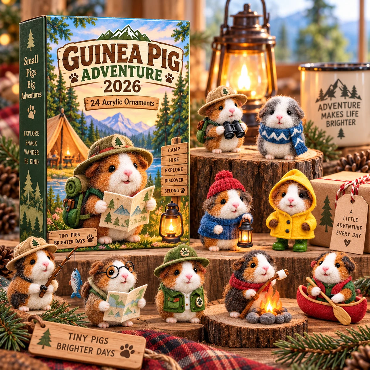 Guinea pig adventure collectibles displayed in a cozy camp-inspired Christmas scene