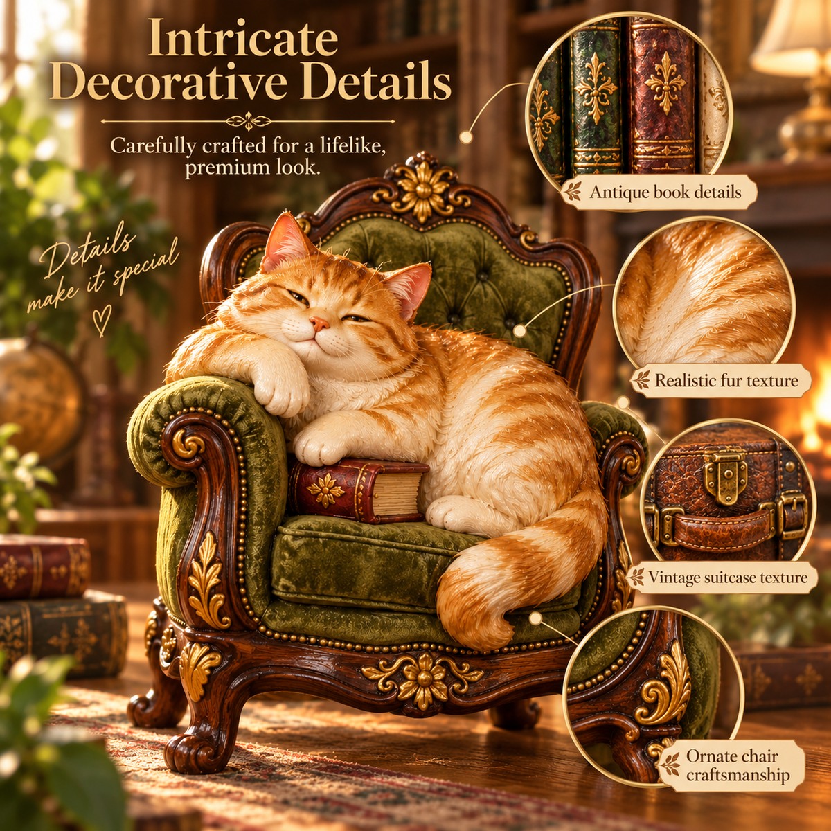 Close-up details of the vintage armchair cat décor