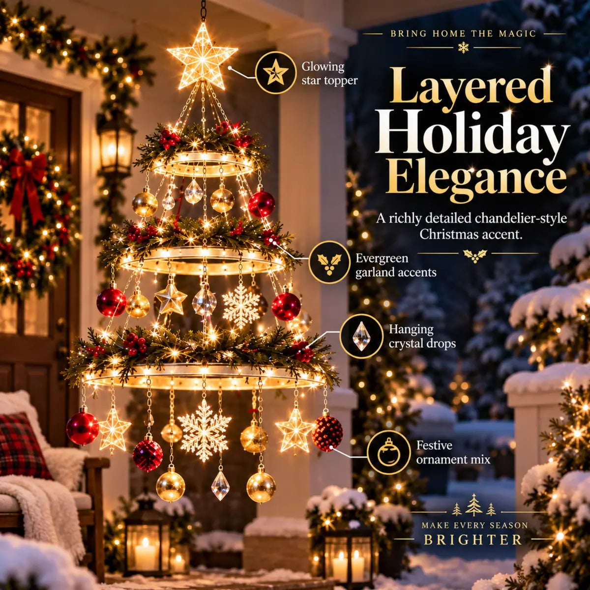 Layered Christmas chandelier with evergreen garland and hanging ornaments