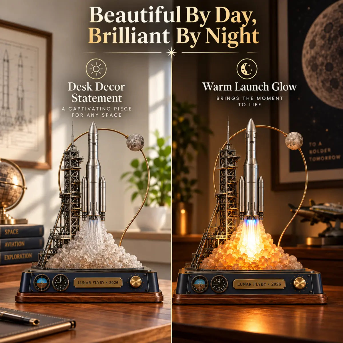 Day and night comparison of the Lunar Flyby rocket display
