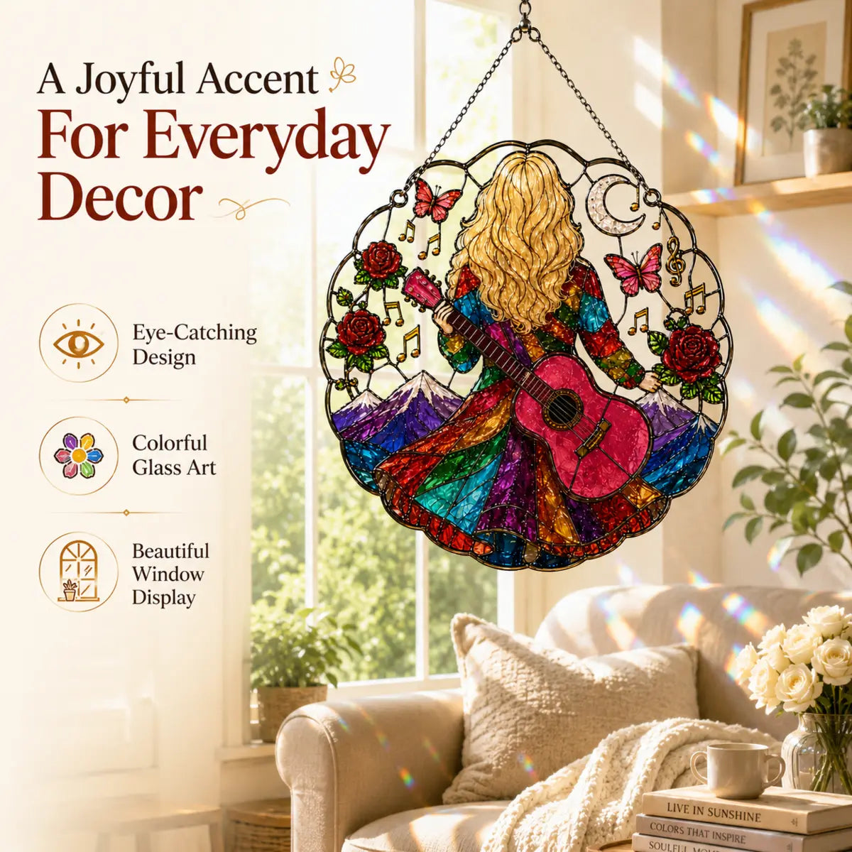 Country music suncatcher adding a colorful accent to a bright living room window