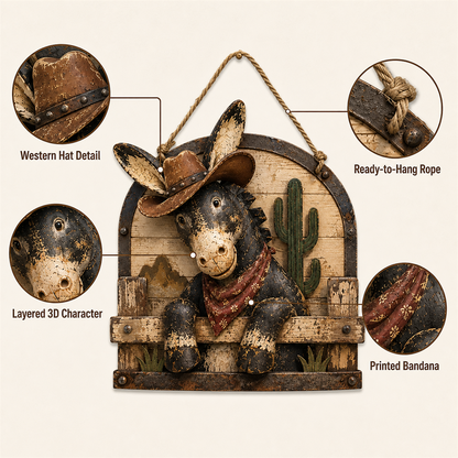 🫏🌵 Rustic Cowboy Donkey Wall Hanging – Western Farmhouse Décor & Country Keepsake