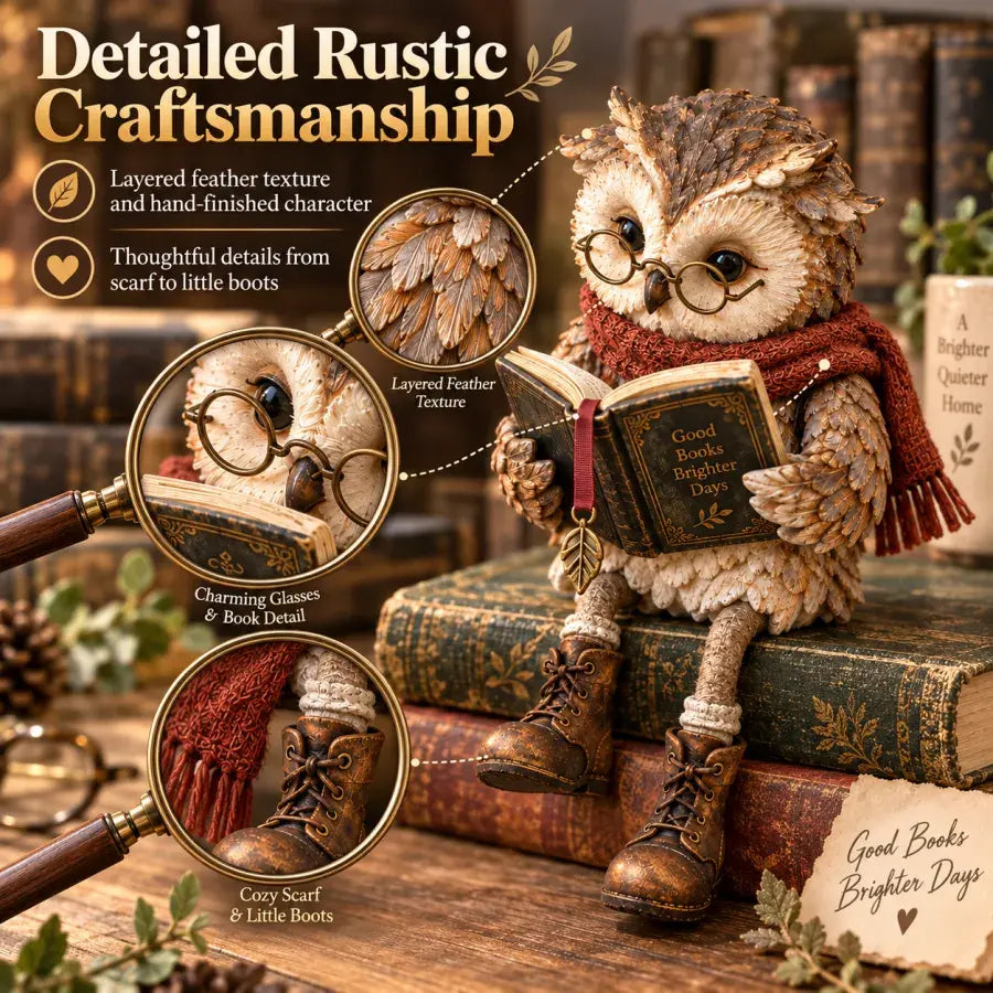 Close-up view of the reading owl figurine's layered feathers, glasses, scarf and boots
