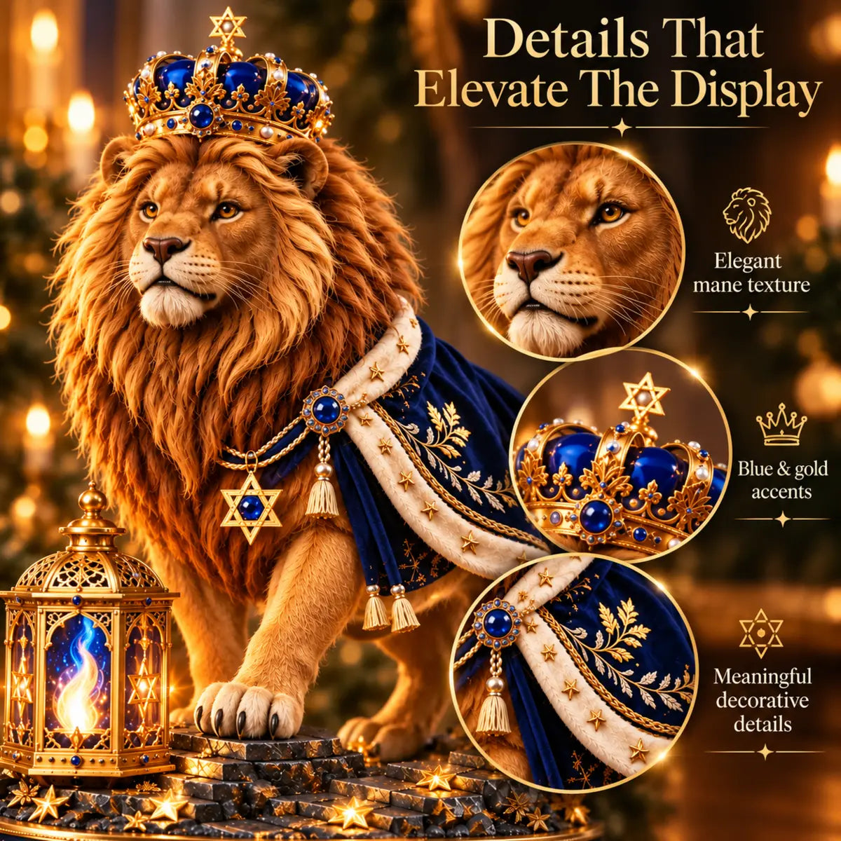 Close-up of the lion mane jeweled crown blue and gold cape and decorative details