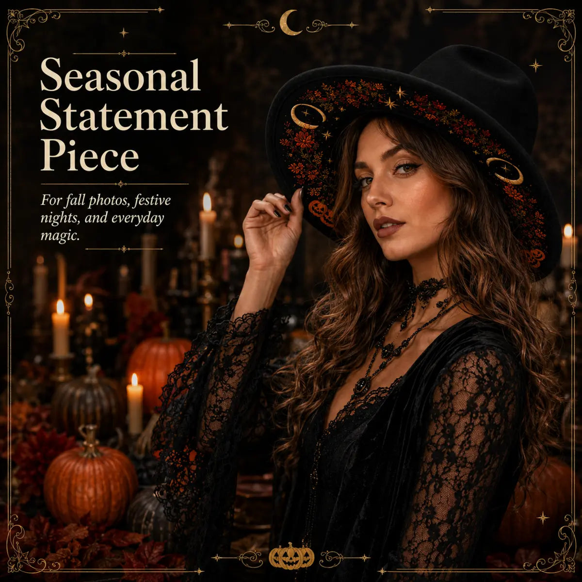 Autumn outfit styled with a black embroidered statement fedora