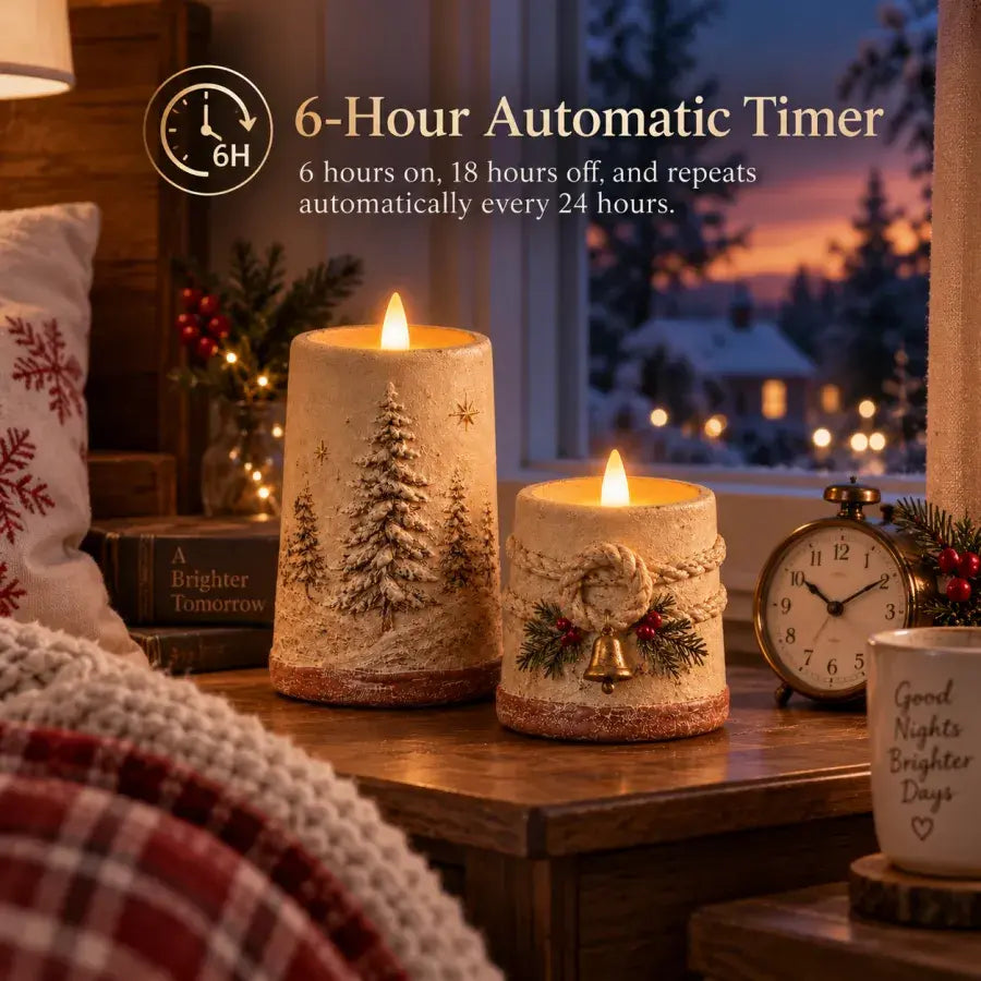 Rustic flameless Christmas candles glowing beside a clock with six-hour timer information