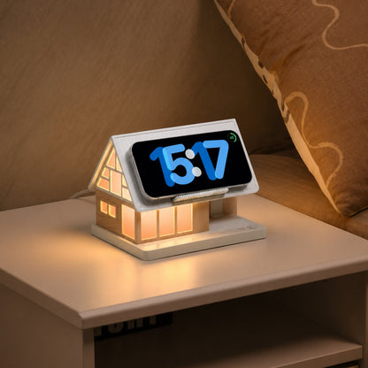🏡✨ Cozy Cabin 4-in-1 Bedside Station – Alarm Clock, Night Light, White Noise & Wireless Charger