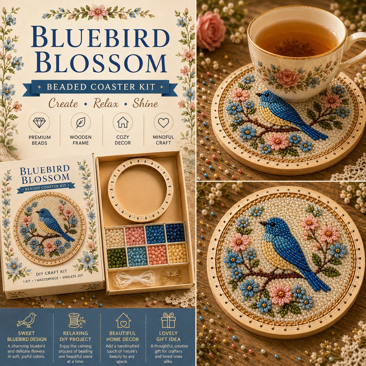 🧵💖 DIY Handmade Floral Beaded Coaster Kit – Relax, Create & Decorate Your Home