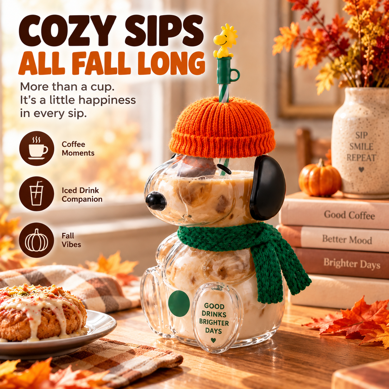 🥤🍂 Cozy Character Glass Tumbler – 3D Cold Drink Cup for Matcha, Coffee & More