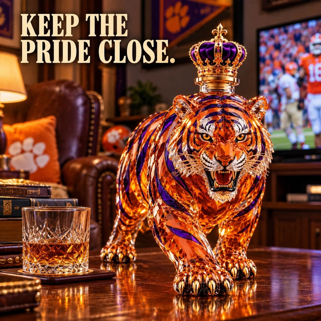 Tiger decanter displayed in a cozy home bar