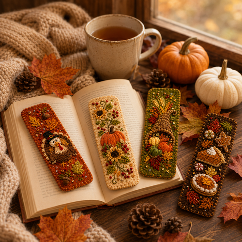🍁 4-Piece Thanksgiving Embroidered Felt Bookmark Set
