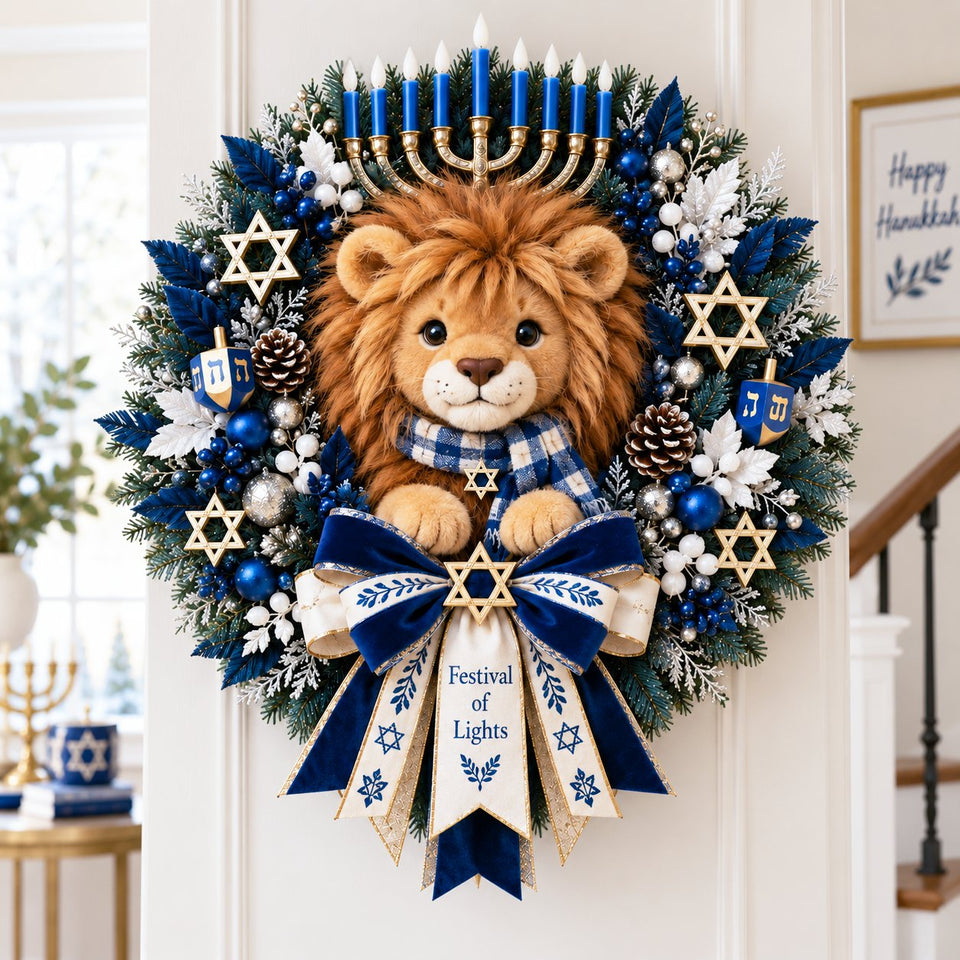 Hanukkah wreath displayed in a bright daytime entryway