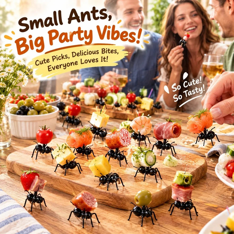 Ant-shaped snack picks displayed at a party table