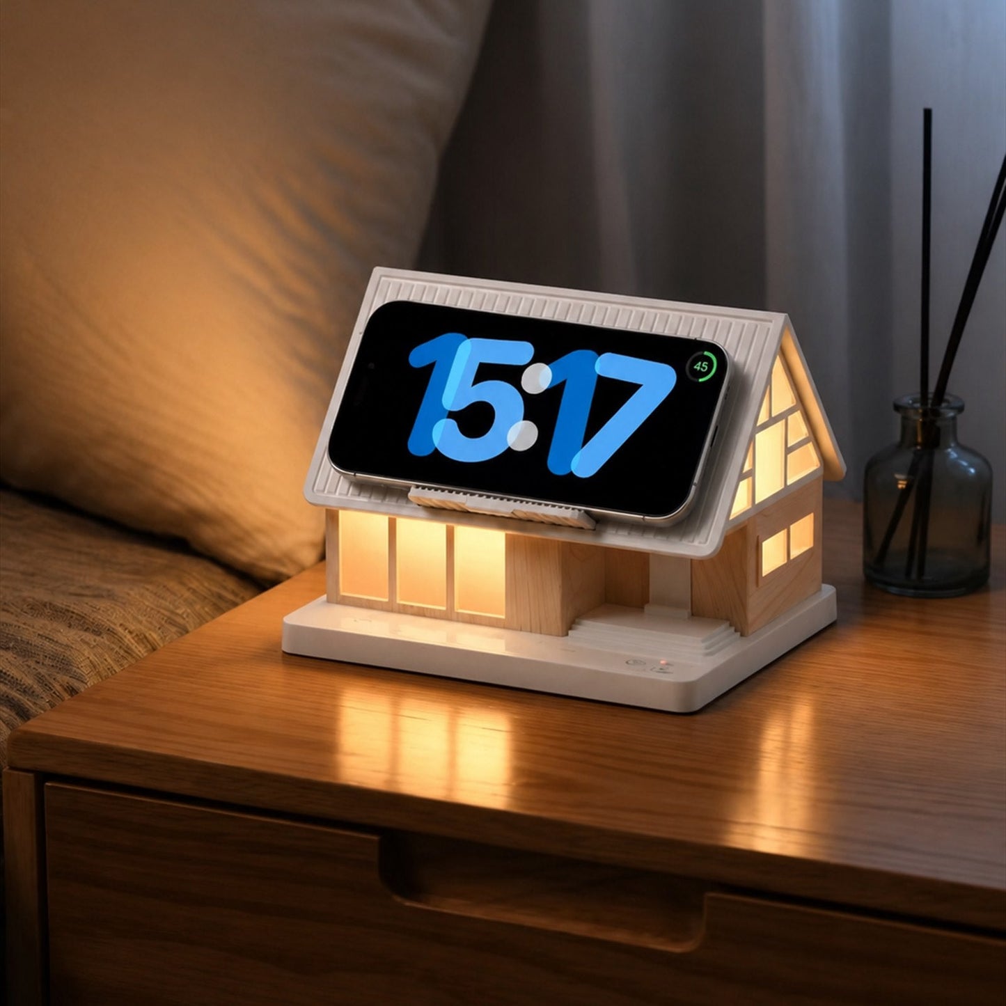 🏡✨ Cozy Cabin 4-in-1 Bedside Station – Alarm Clock, Night Light, White Noise & Wireless Charger