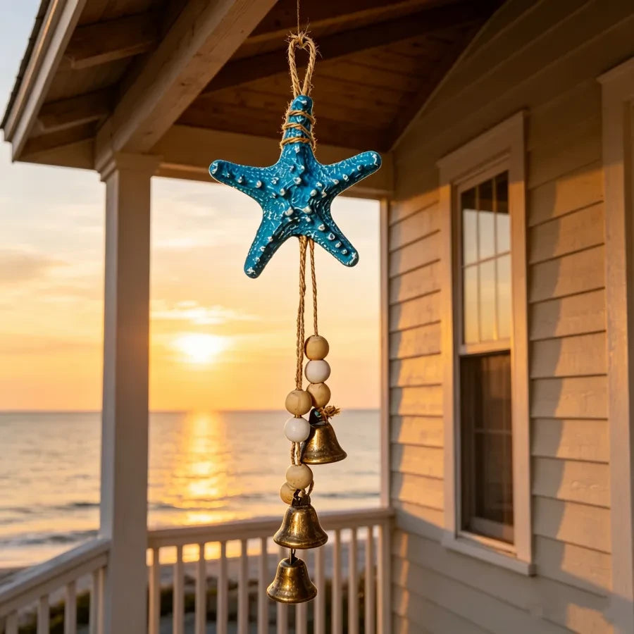 Blue starfish coastal wind chime hanging at sunset