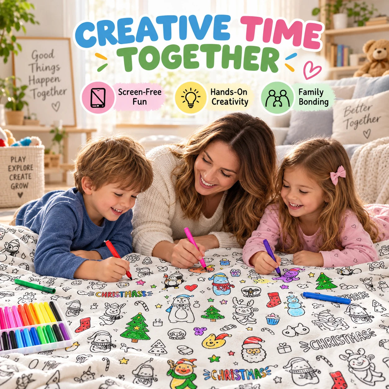 Family enjoying creative coloring time together