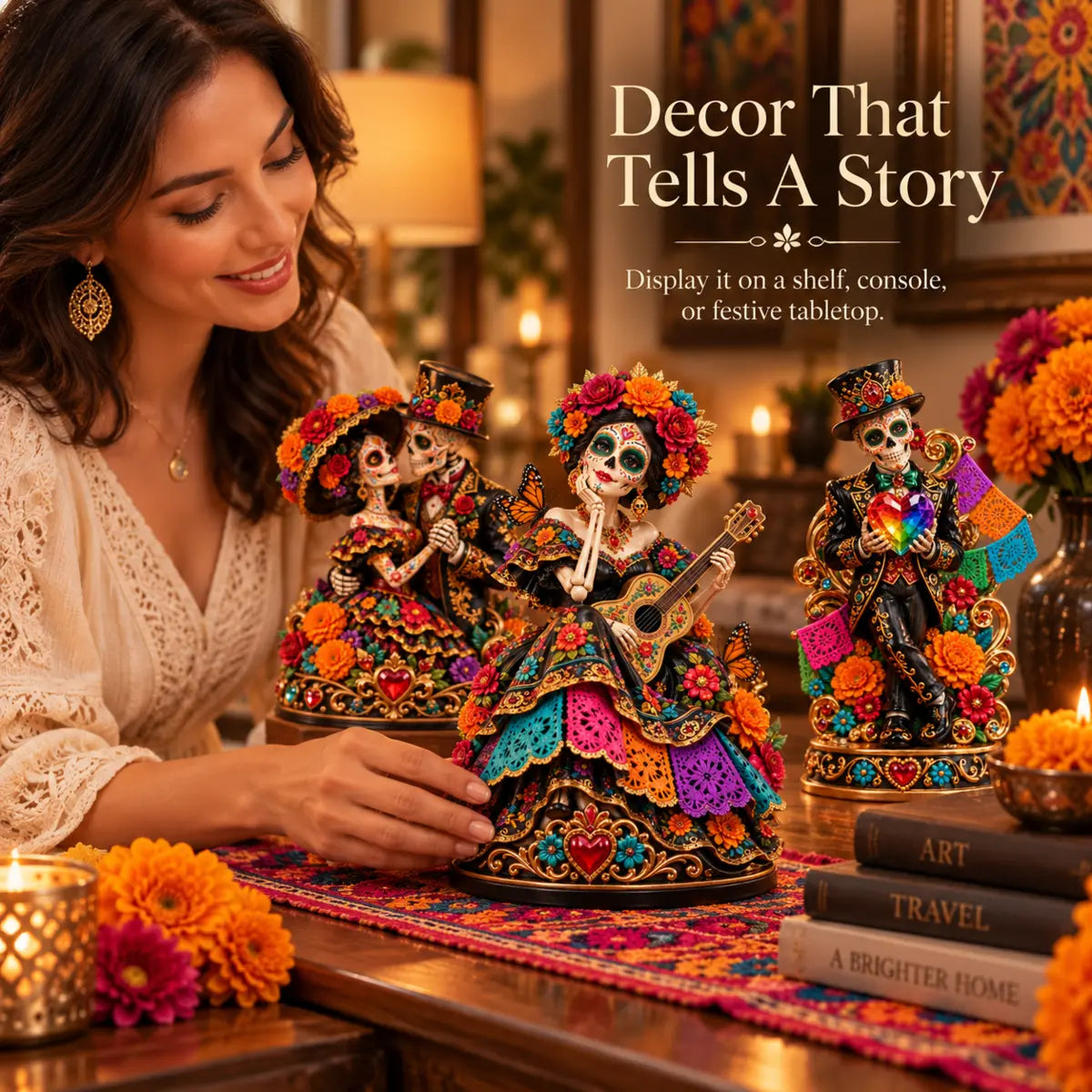 Woman arranging colorful folk art figurines on a tabletop
