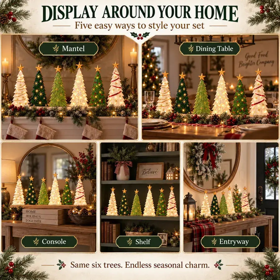 Six lighted wooden trees displayed on mantel dining table shelf console and entryway
