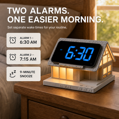 🏡✨ Cozy Cabin 4-in-1 Bedside Station – Alarm Clock, Night Light, White Noise & Wireless Charger