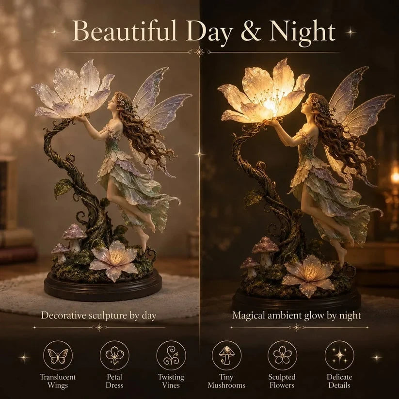 Fairy sculpture shown by day and glowing at night