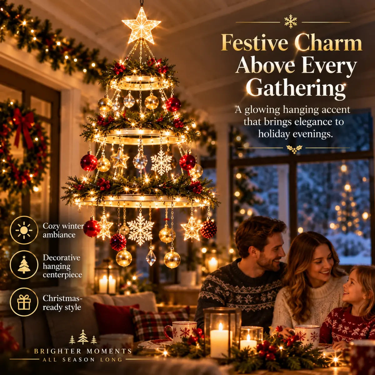 Family gathered beneath a glowing Christmas hanging chandelier