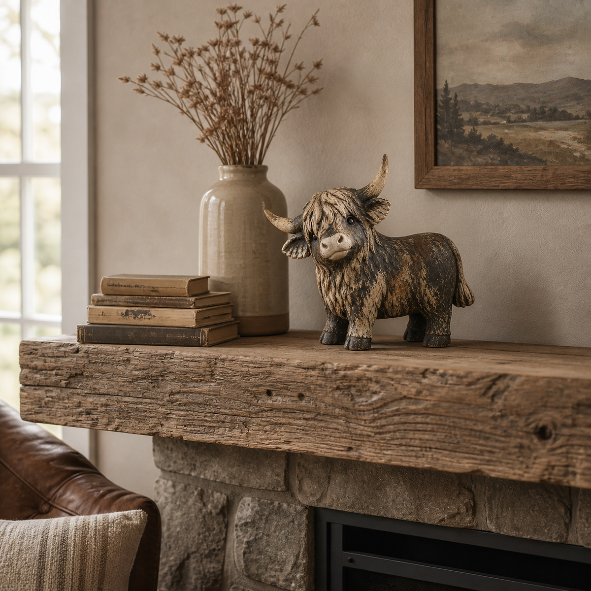 🐮 Rustic Highland Cow Figurine – Charming Farmhouse Tabletop Decor