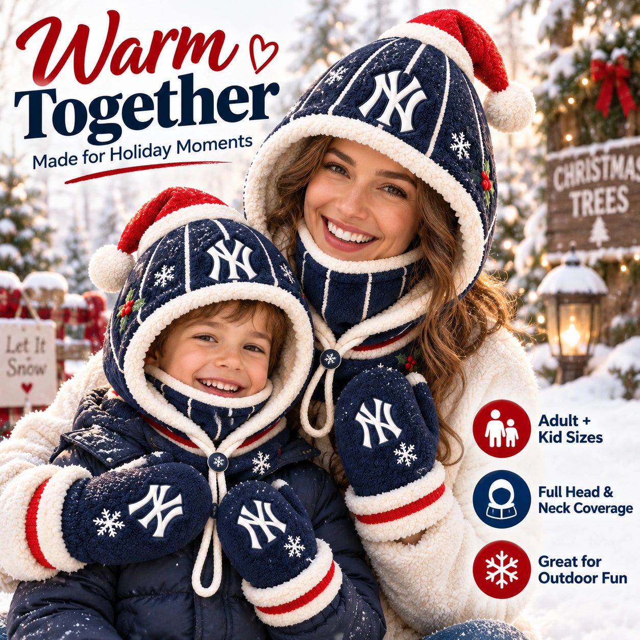 Adult and child wearing coordinating hood sets outdoors