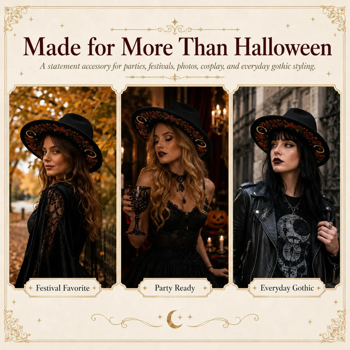 Three ways to style the embroidered fedora for festivals, parties and everyday gothic outfits