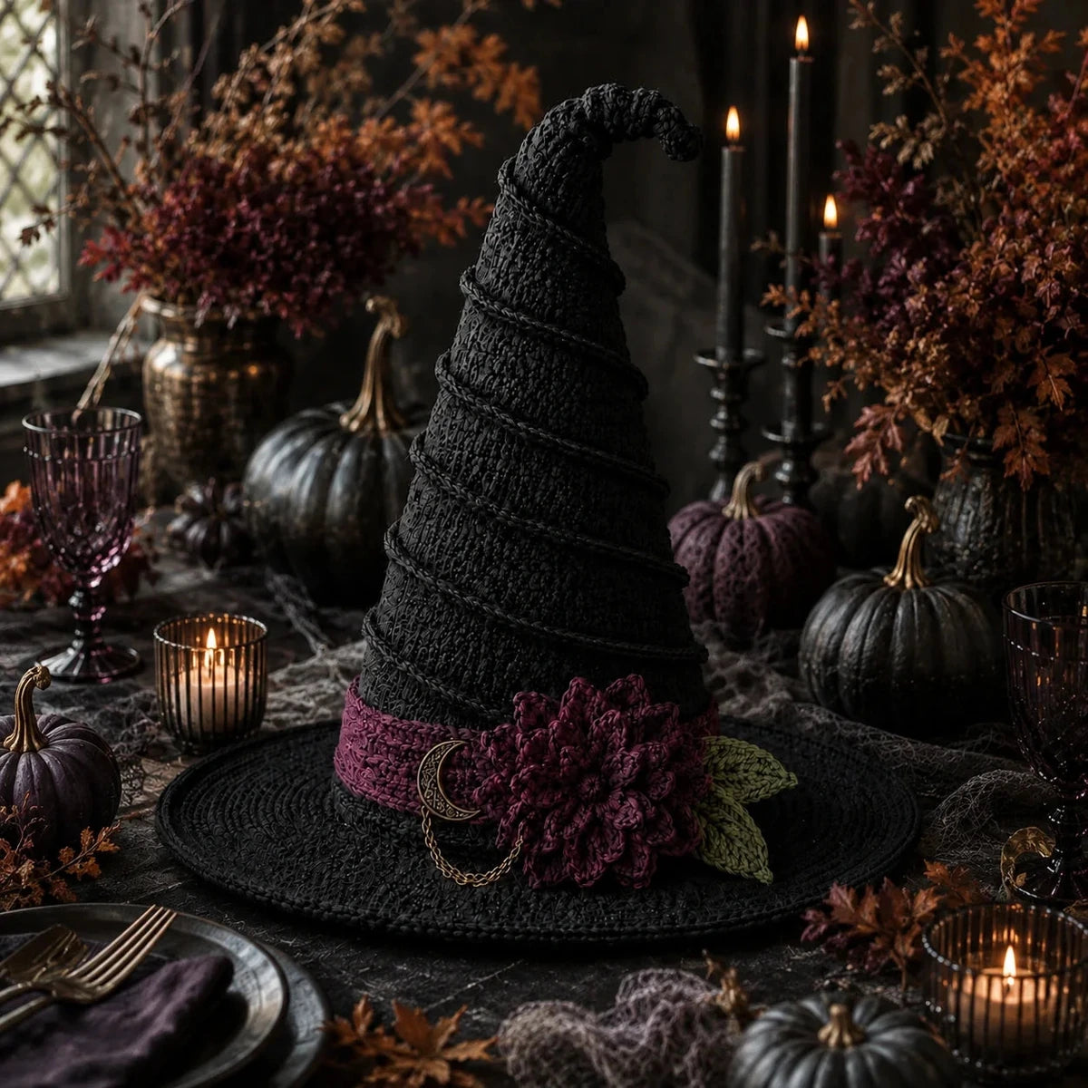 Black crochet witch hat in a candlelit gothic autumn display