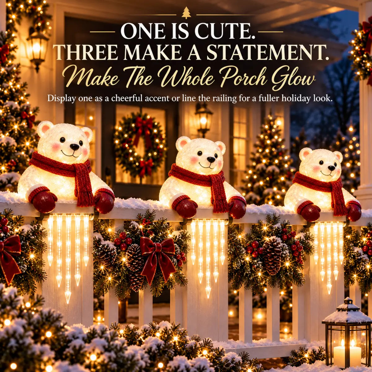 One and three polar bear icicle lights arranged along a decorated porch railing