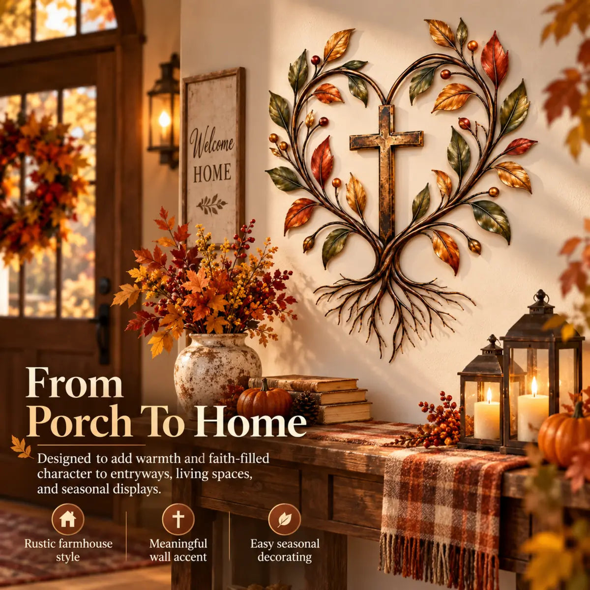 Faith and Harvest Tree wall art styled with warm farmhouse fall decor