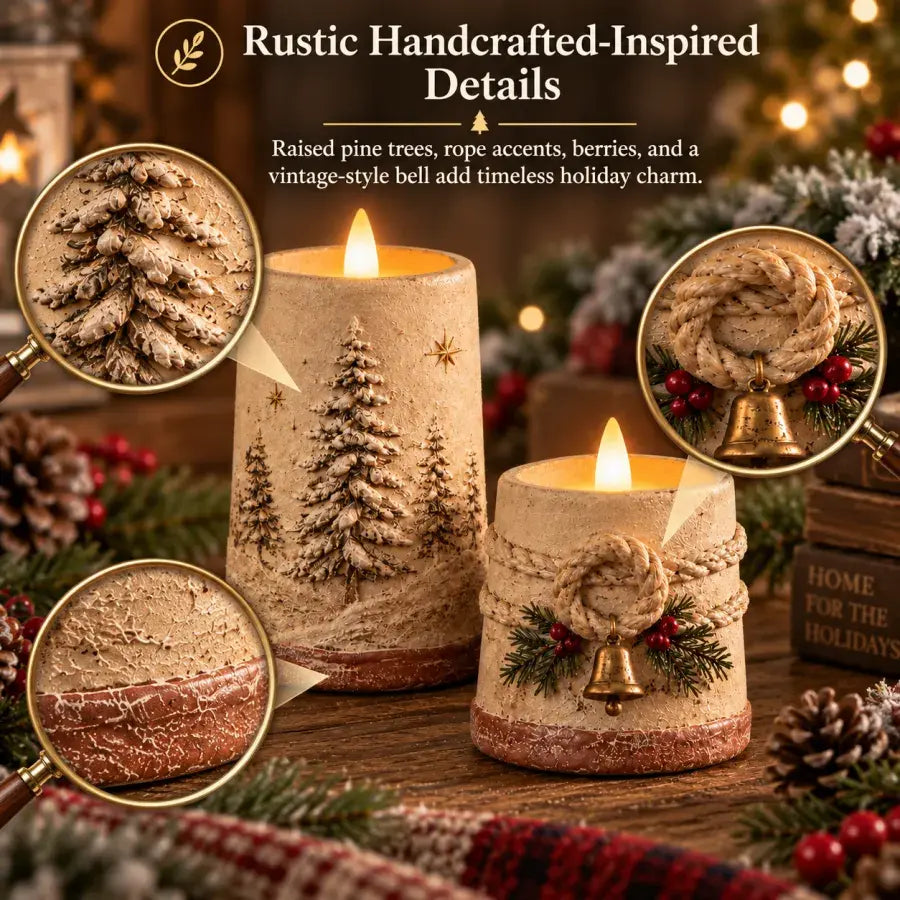 Close-up details of raised trees, rope, berries and vintage-style bell on the LED candle set