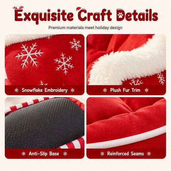 Close-up details of the sleigh pet bed including snowflake embroidery and plush trim