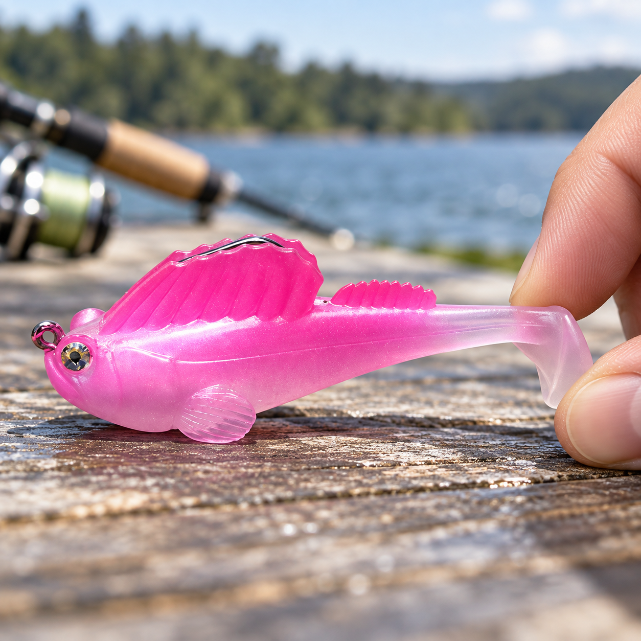 Close view of one pre-rigged pink T-tail lure
