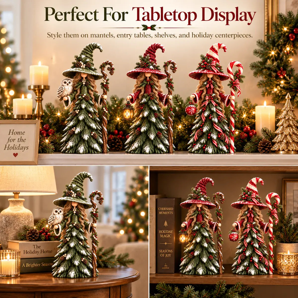 Christmas figurines styled on mantels tables and shelves